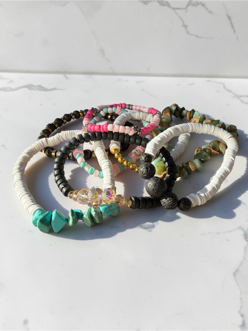 White Clay Heishi Bead Stretch Bracelet Boho Coastal Gold Accent Disc Stackable - Picture 2 of 8